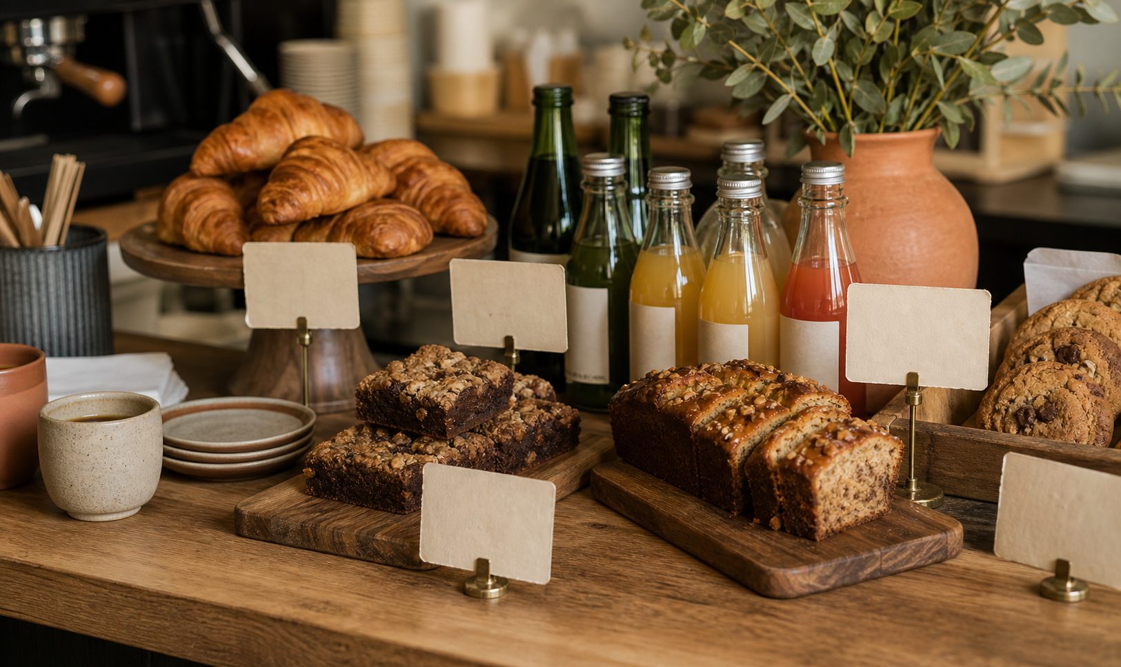 Bakkerijtoonbank met broden, croissants, koeken en flessen sap